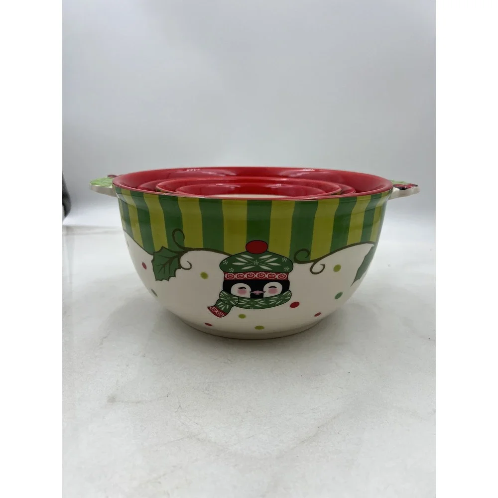 Temp-tations Winter Whimsy Nesting Mixing Bowl Set Holiday Snowman Santa Penguin